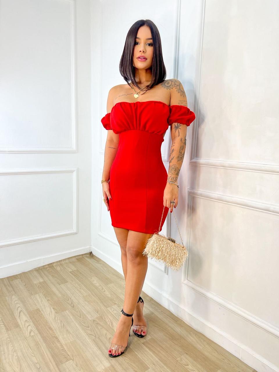 Vestido Vermelho Ombro a Ombro com Amarração — Mangas Bufantes - Imagem 3