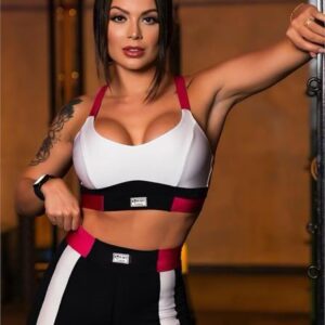 Conjunto Fitness com Bojo Top Branco e Rosa com Legging M